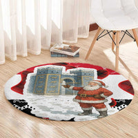 Iraq Christmas Round Carpet with Santa Ishtar Gate Red Plaid and Snowflake Reindeer Pattern - Wonder Print Shop