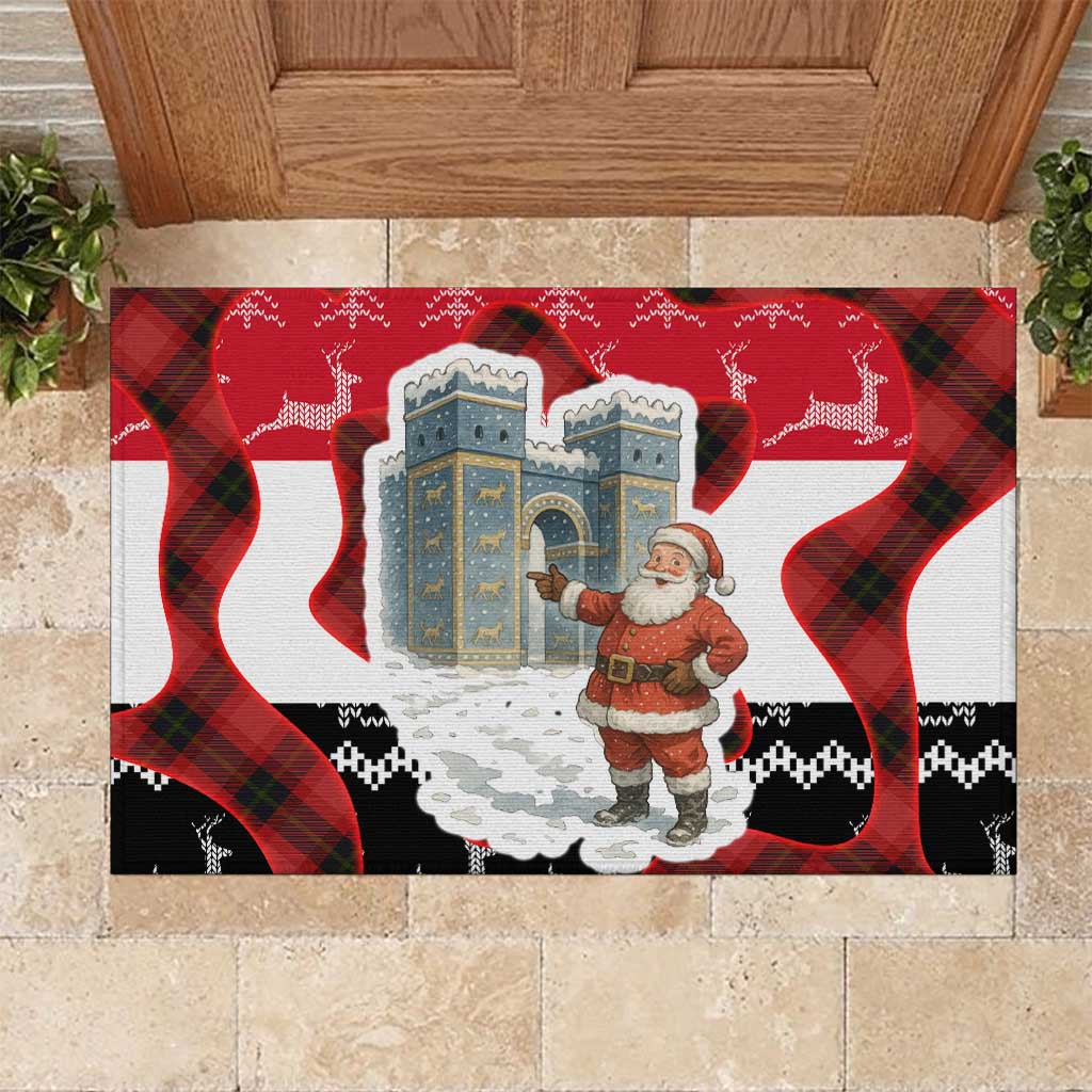 Iraq Christmas Rubber Doormat with Santa Ishtar Gate Red Plaid and Snowflake Reindeer Pattern - Wonder Print Shop