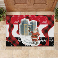 Iraq Christmas Rubber Doormat with Santa Ishtar Gate Red Plaid and Snowflake Reindeer Pattern - Wonder Print Shop