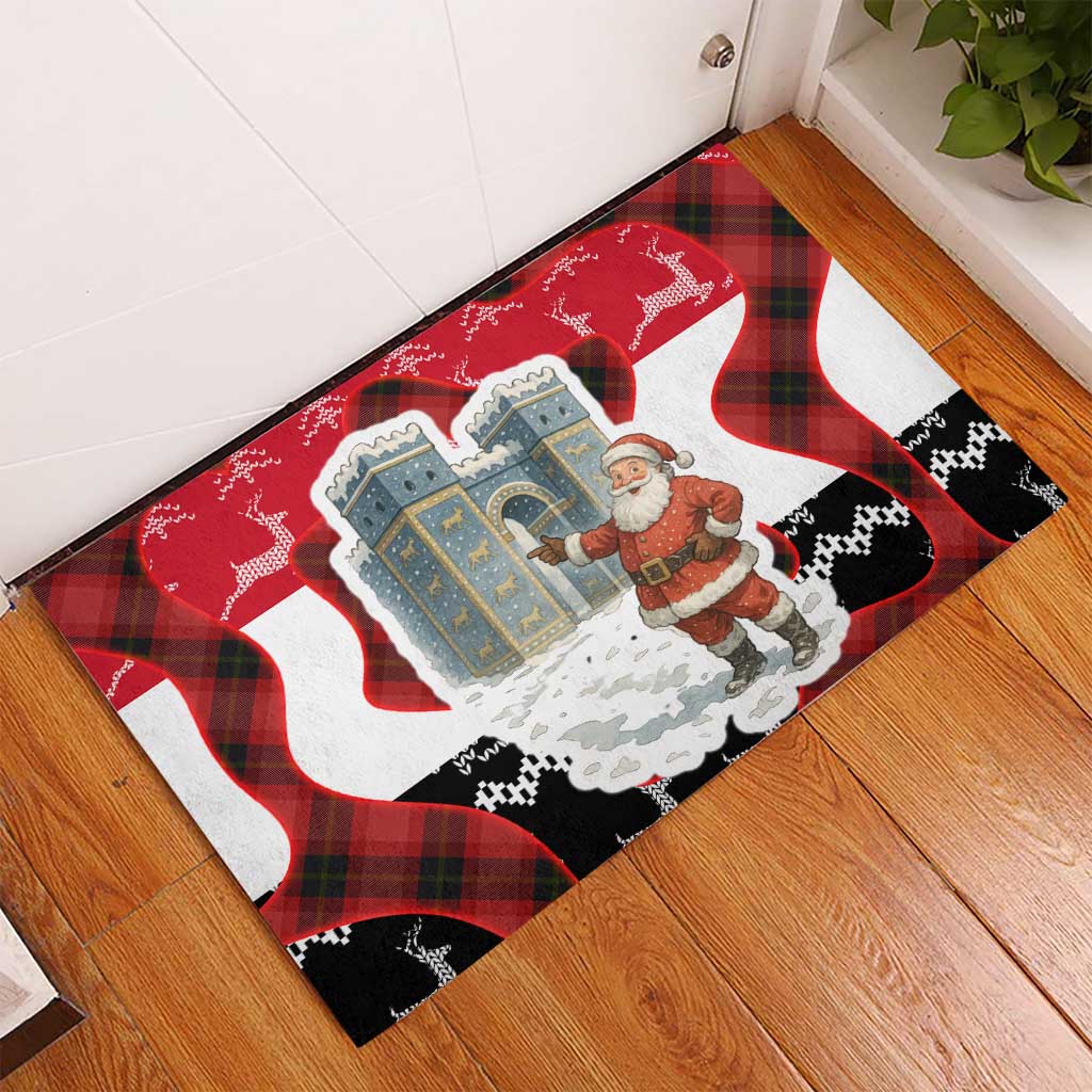 Iraq Christmas Rubber Doormat with Santa Ishtar Gate Red Plaid and Snowflake Reindeer Pattern - Wonder Print Shop