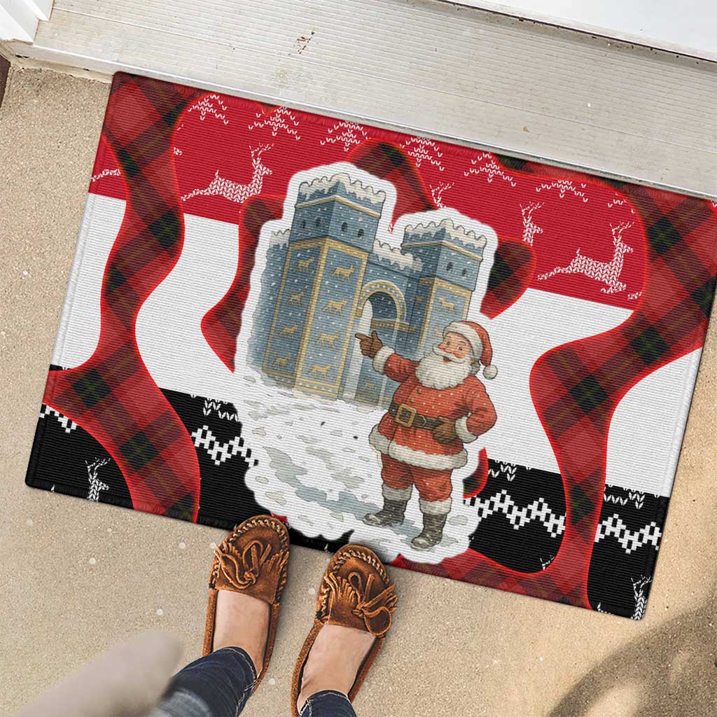 Iraq Christmas Rubber Doormat with Santa Ishtar Gate Red Plaid and Snowflake Reindeer Pattern - Wonder Print Shop