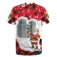 Iraq Christmas Rugby Jersey with Santa Ishtar Gate Red Plaid and Snowflake Reindeer Pattern - Wonder Print Shop
