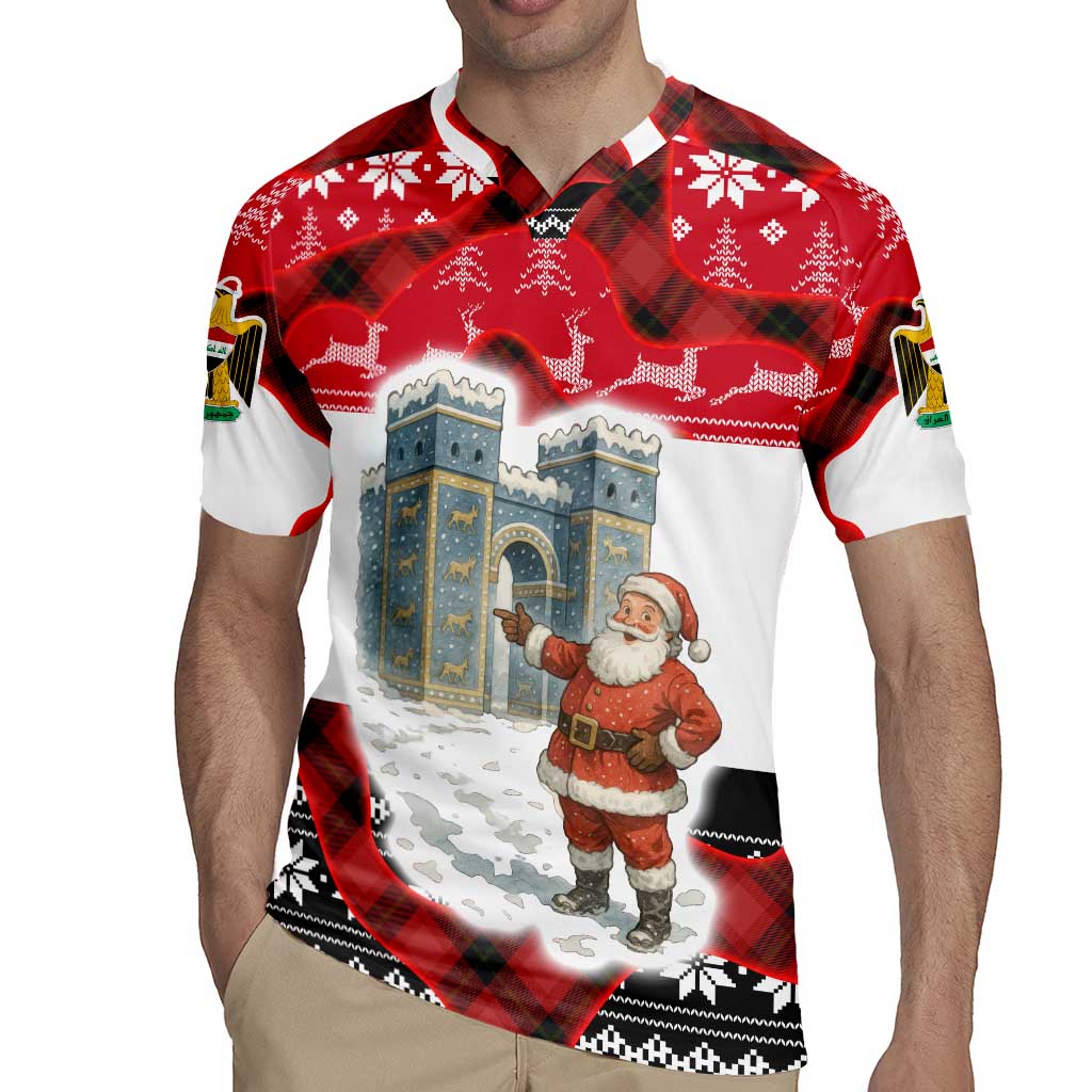 Iraq Christmas Rugby Jersey with Santa Ishtar Gate Red Plaid and Snowflake Reindeer Pattern - Wonder Print Shop