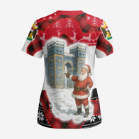 Iraq Christmas Scrub Top with Santa Ishtar Gate Red Plaid and Snowflake Reindeer Pattern - Wonder Print Shop