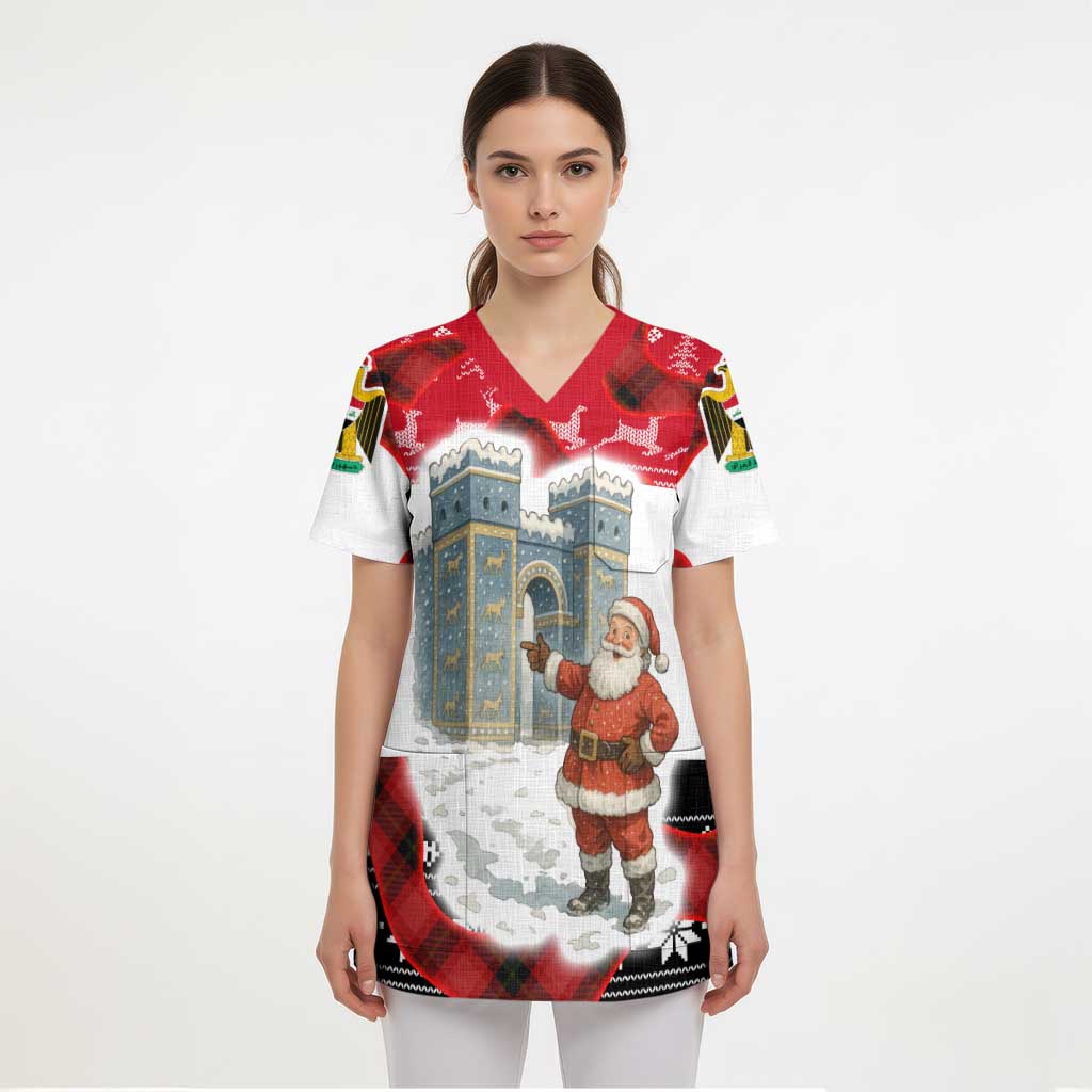 Iraq Christmas Scrub Top with Santa Ishtar Gate Red Plaid and Snowflake Reindeer Pattern - Wonder Print Shop