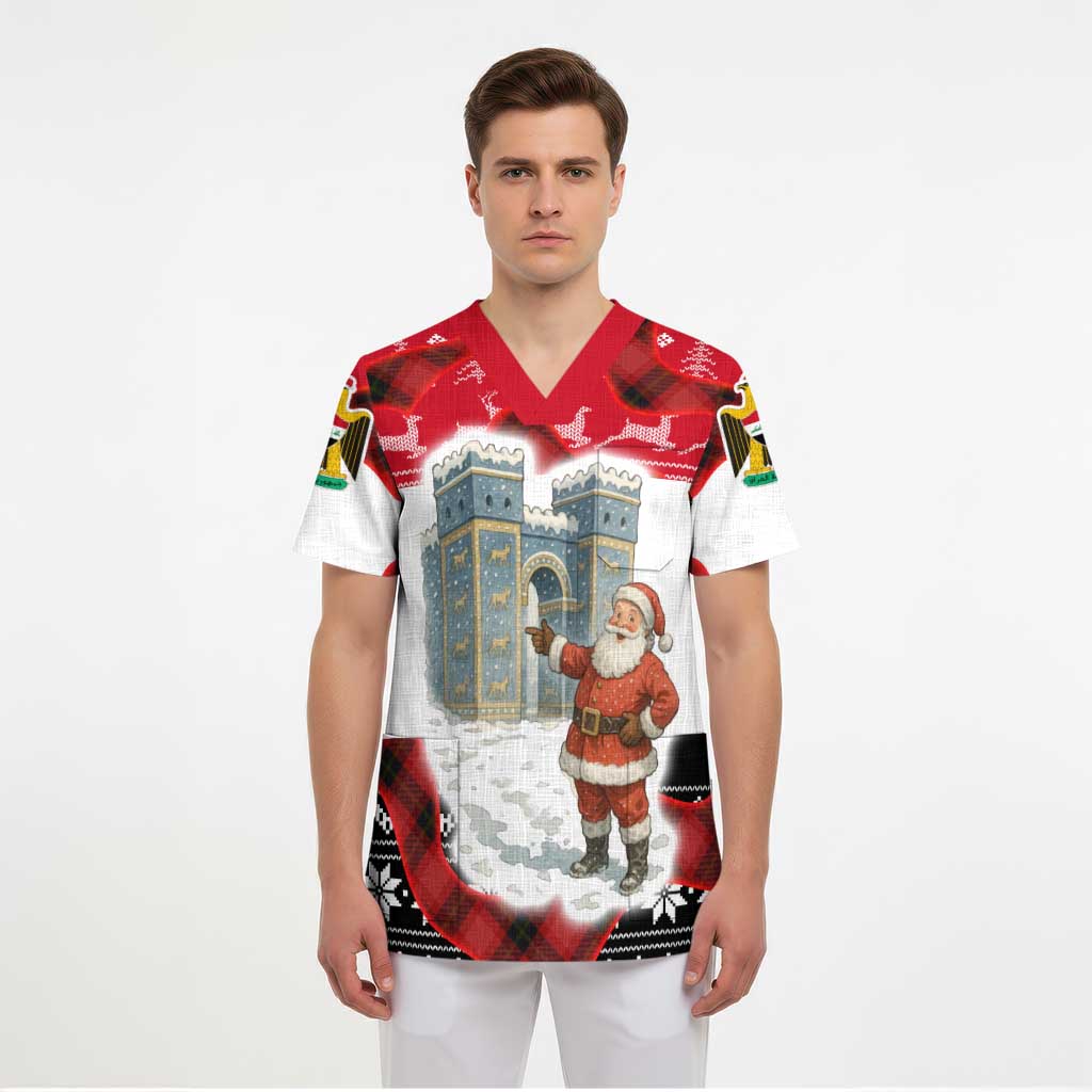 Iraq Christmas Scrub Top with Santa Ishtar Gate Red Plaid and Snowflake Reindeer Pattern - Wonder Print Shop