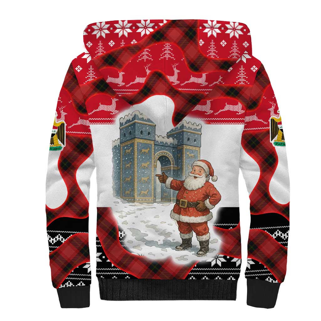Iraq Christmas Sherpa Hoodie with Santa Ishtar Gate Red Plaid and Snowflake Reindeer Pattern - Wonder Print Shop