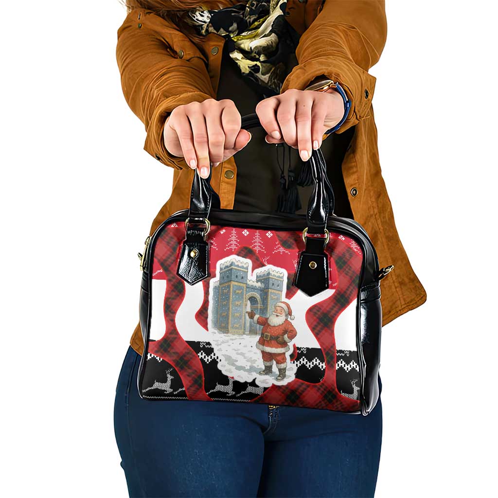 Iraq Christmas Shoulder Handbag with Santa Ishtar Gate Red Plaid and Snowflake Reindeer Pattern - Wonder Print Shop