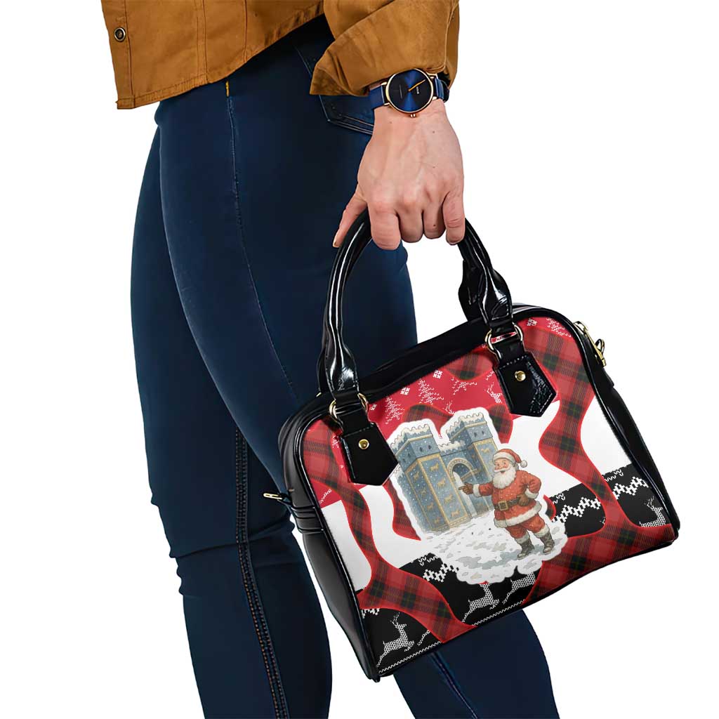 Iraq Christmas Shoulder Handbag with Santa Ishtar Gate Red Plaid and Snowflake Reindeer Pattern - Wonder Print Shop