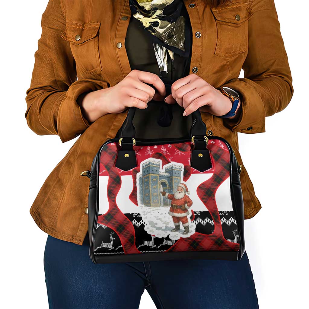 Iraq Christmas Shoulder Handbag with Santa Ishtar Gate Red Plaid and Snowflake Reindeer Pattern - Wonder Print Shop