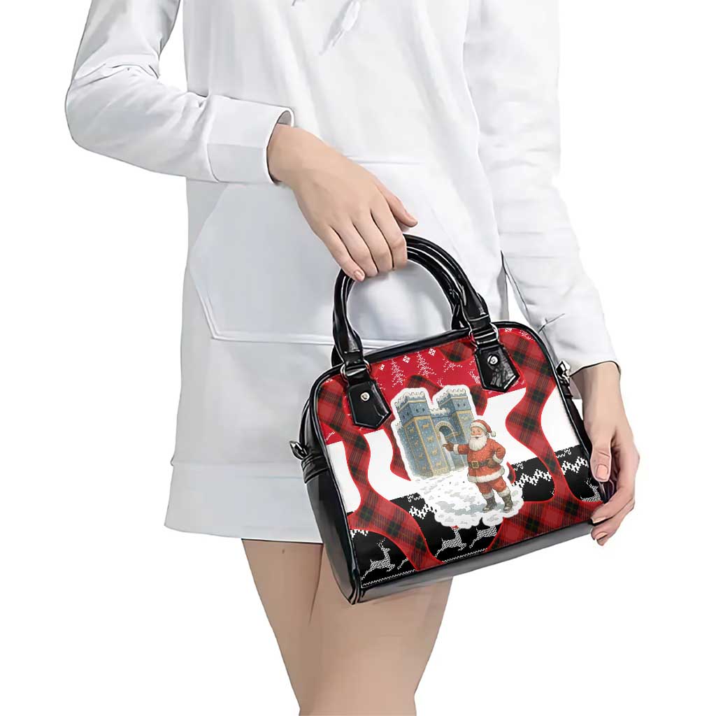 Iraq Christmas Shoulder Handbag with Santa Ishtar Gate Red Plaid and Snowflake Reindeer Pattern - Wonder Print Shop