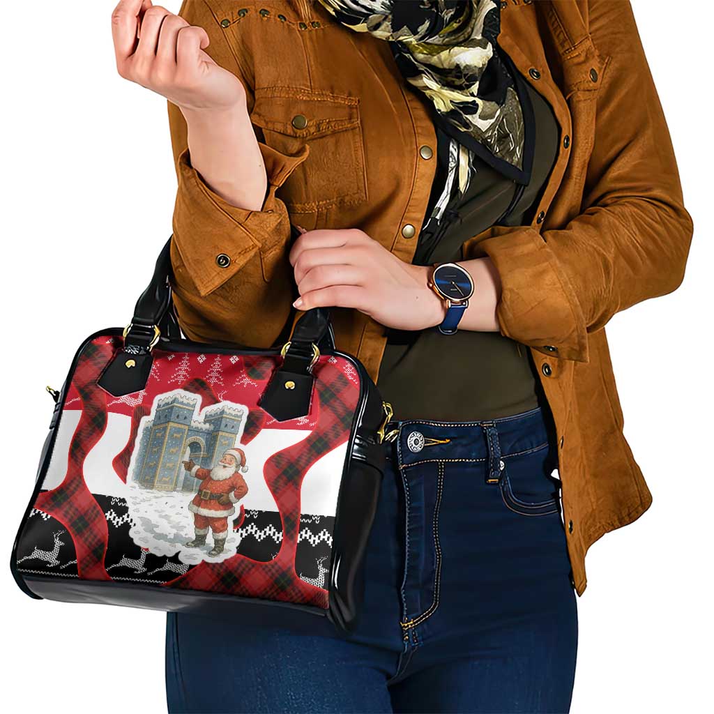 Iraq Christmas Shoulder Handbag with Santa Ishtar Gate Red Plaid and Snowflake Reindeer Pattern - Wonder Print Shop