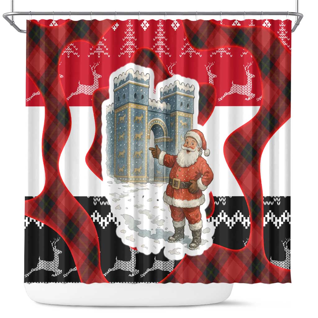 Iraq Christmas Shower Curtain with Santa Ishtar Gate Red Plaid and Snowflake Reindeer Pattern - Wonder Print Shop