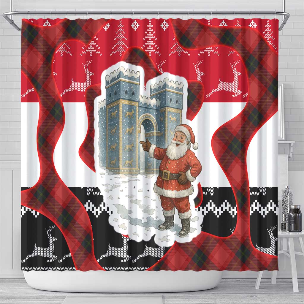 Iraq Christmas Shower Curtain with Santa Ishtar Gate Red Plaid and Snowflake Reindeer Pattern - Wonder Print Shop