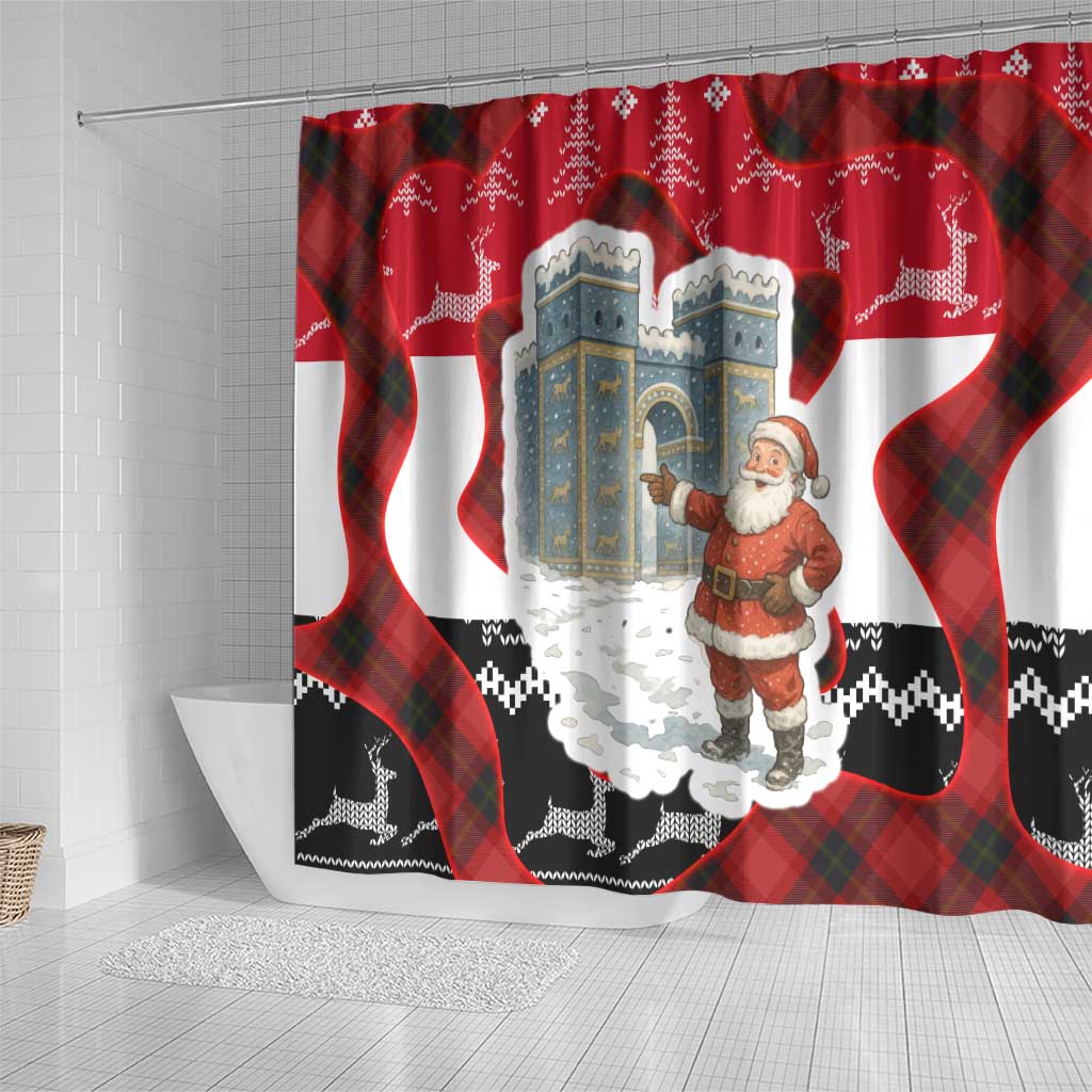Iraq Christmas Shower Curtain with Santa Ishtar Gate Red Plaid and Snowflake Reindeer Pattern - Wonder Print Shop