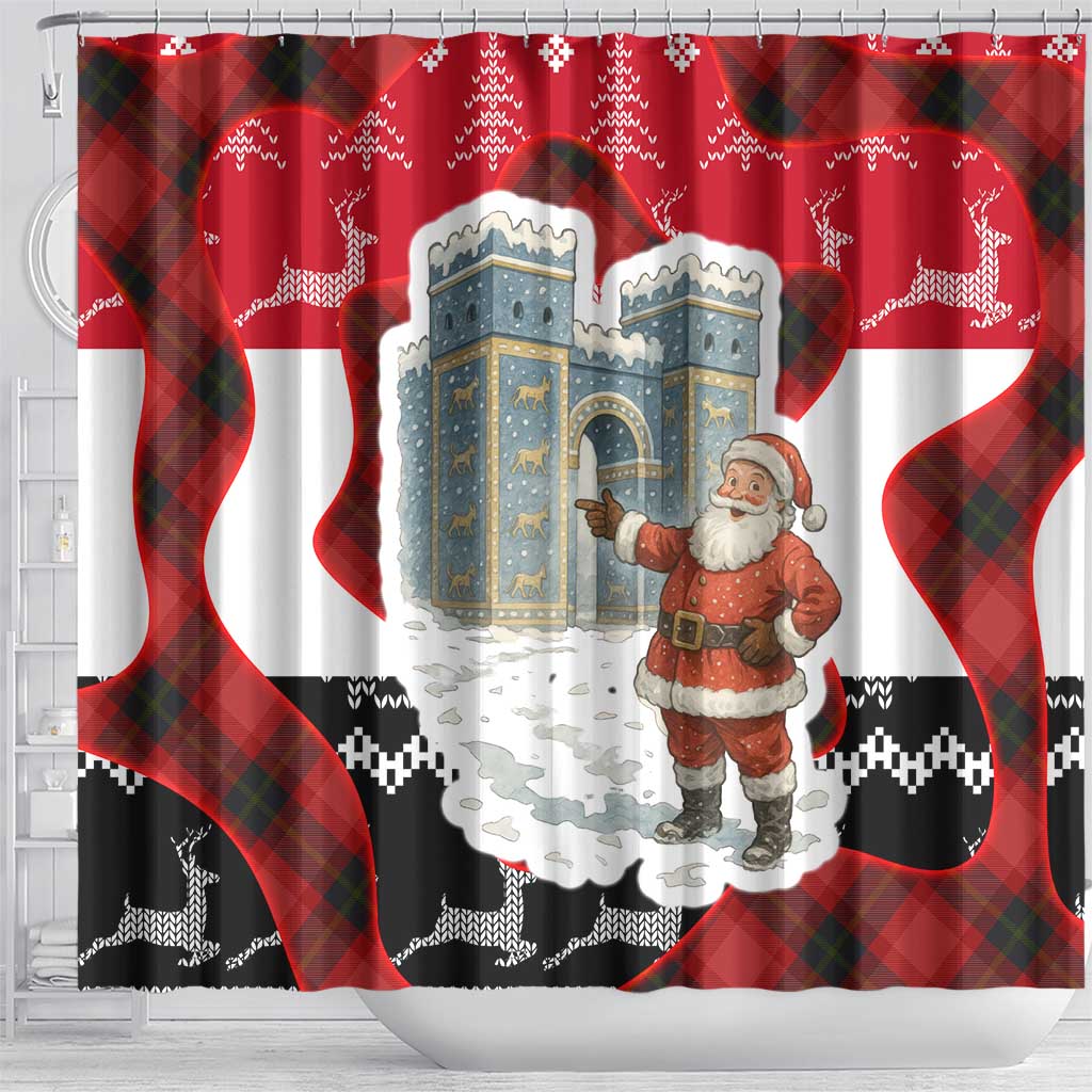 Iraq Christmas Shower Curtain with Santa Ishtar Gate Red Plaid and Snowflake Reindeer Pattern - Wonder Print Shop
