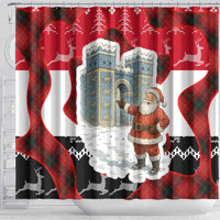 Iraq Christmas Shower Curtain with Santa Ishtar Gate Red Plaid and Snowflake Reindeer Pattern - Wonder Print Shop