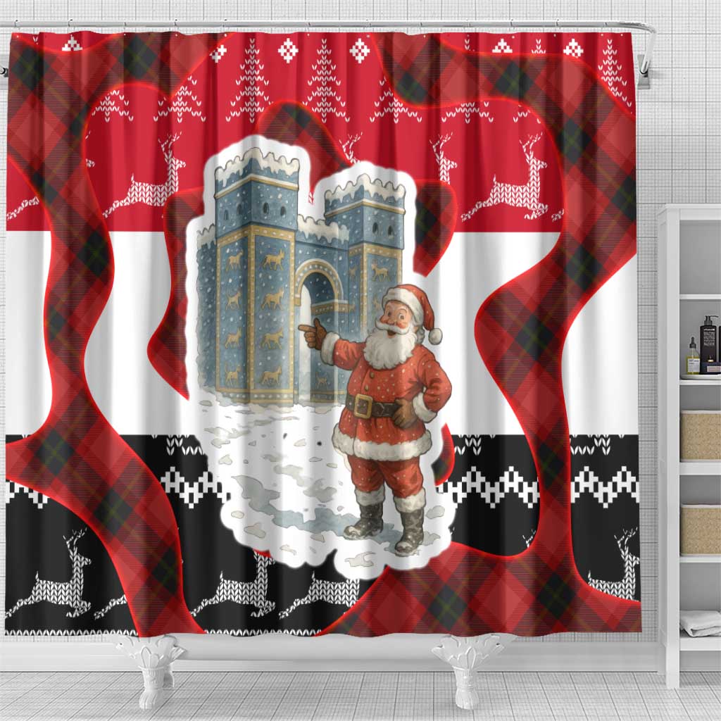 Iraq Christmas Shower Curtain with Santa Ishtar Gate Red Plaid and Snowflake Reindeer Pattern - Wonder Print Shop