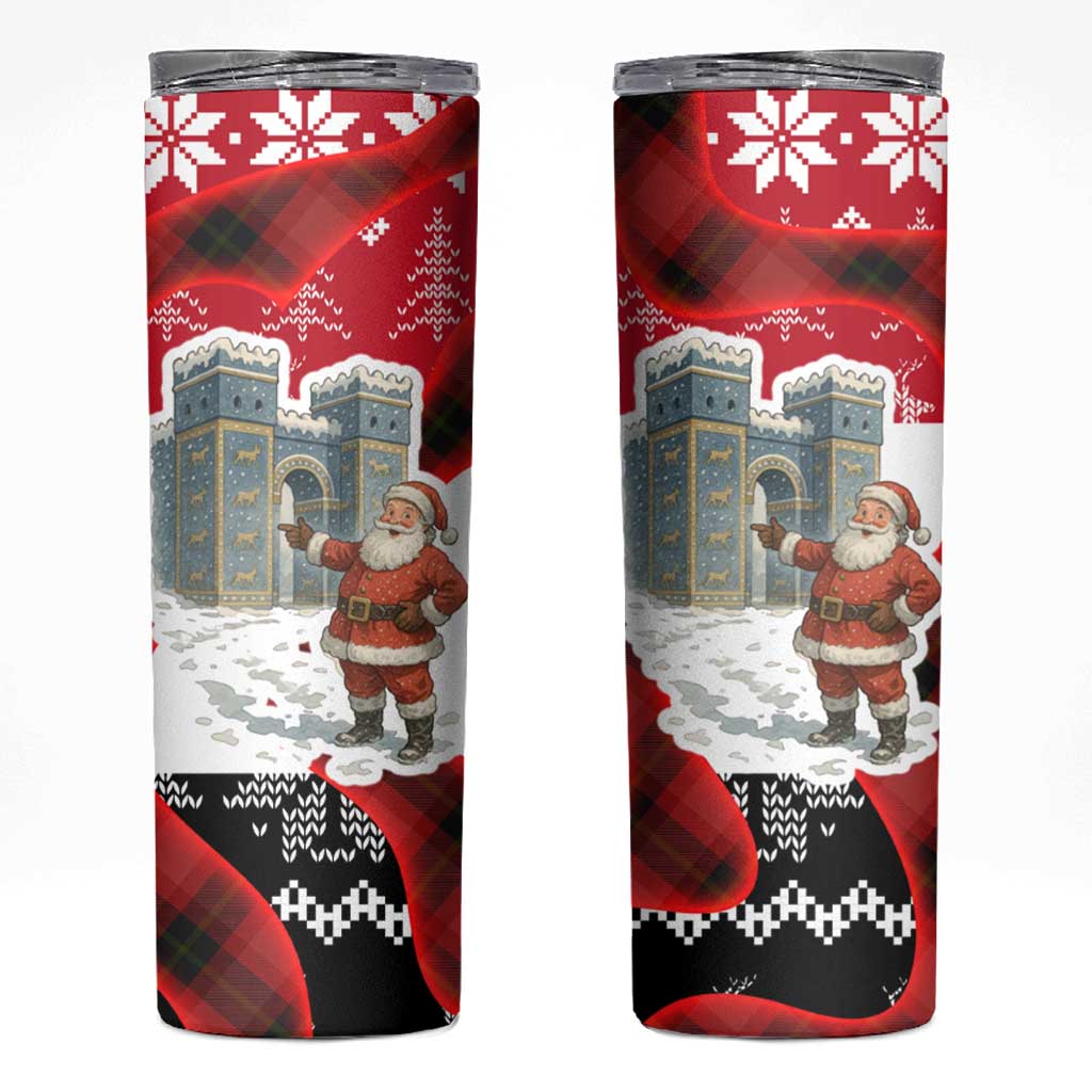 Iraq Christmas Skinny Tumbler with Santa Ishtar Gate Red Plaid and Snowflake Reindeer Pattern - Wonder Print Shop