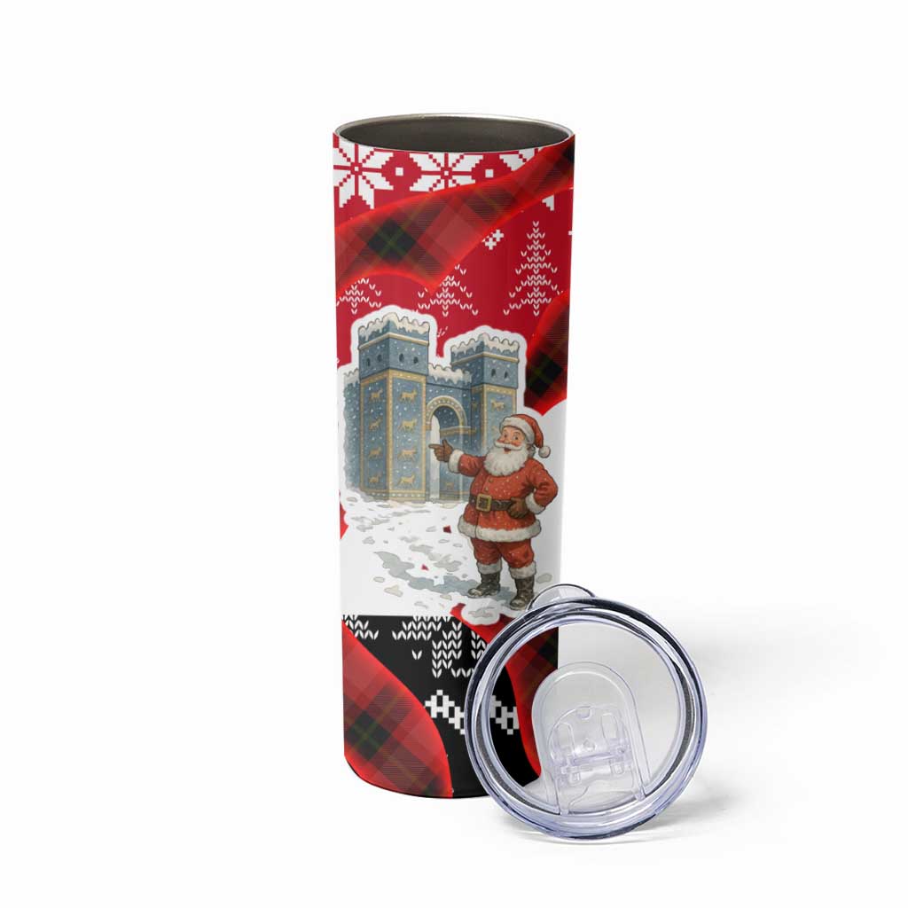 Iraq Christmas Skinny Tumbler with Santa Ishtar Gate Red Plaid and Snowflake Reindeer Pattern - Wonder Print Shop