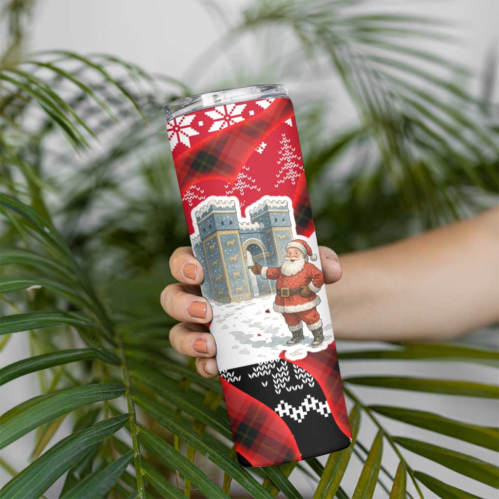 Iraq Christmas Skinny Tumbler with Santa Ishtar Gate Red Plaid and Snowflake Reindeer Pattern - Wonder Print Shop
