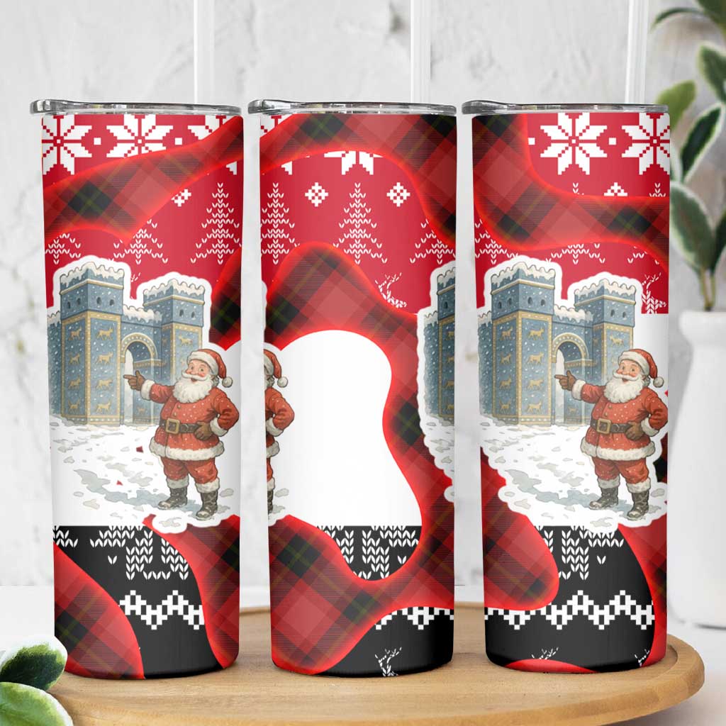 Iraq Christmas Skinny Tumbler with Santa Ishtar Gate Red Plaid and Snowflake Reindeer Pattern - Wonder Print Shop