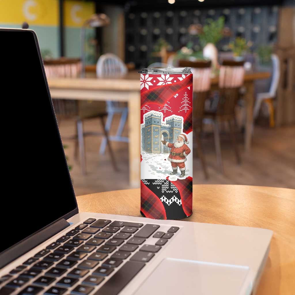 Iraq Christmas Skinny Tumbler with Santa Ishtar Gate Red Plaid and Snowflake Reindeer Pattern - Wonder Print Shop