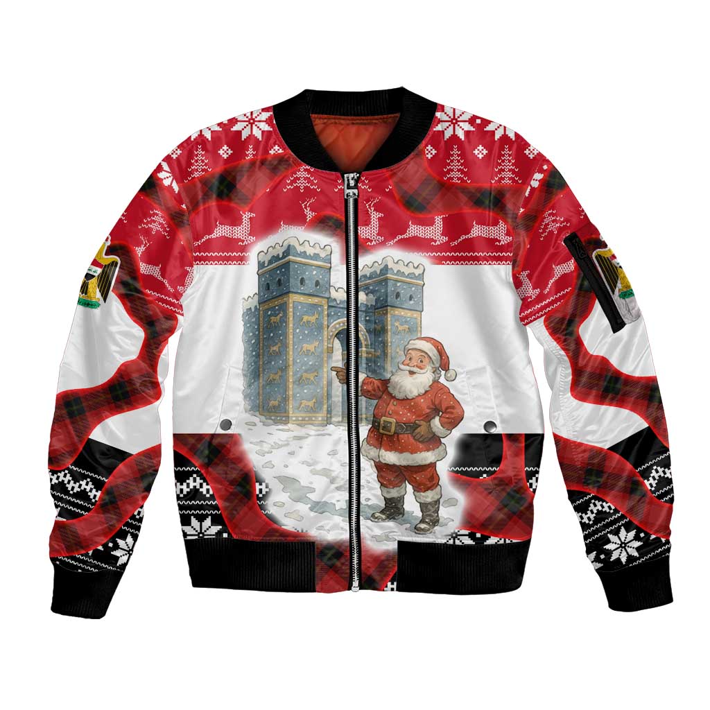 Iraq Christmas Sleeve Zip Bomber Jacket with Santa Ishtar Gate Red Plaid and Snowflake Reindeer Pattern - Wonder Print Shop