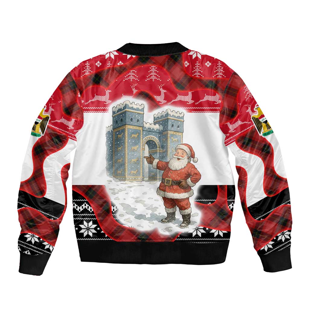 Iraq Christmas Sleeve Zip Bomber Jacket with Santa Ishtar Gate Red Plaid and Snowflake Reindeer Pattern - Wonder Print Shop