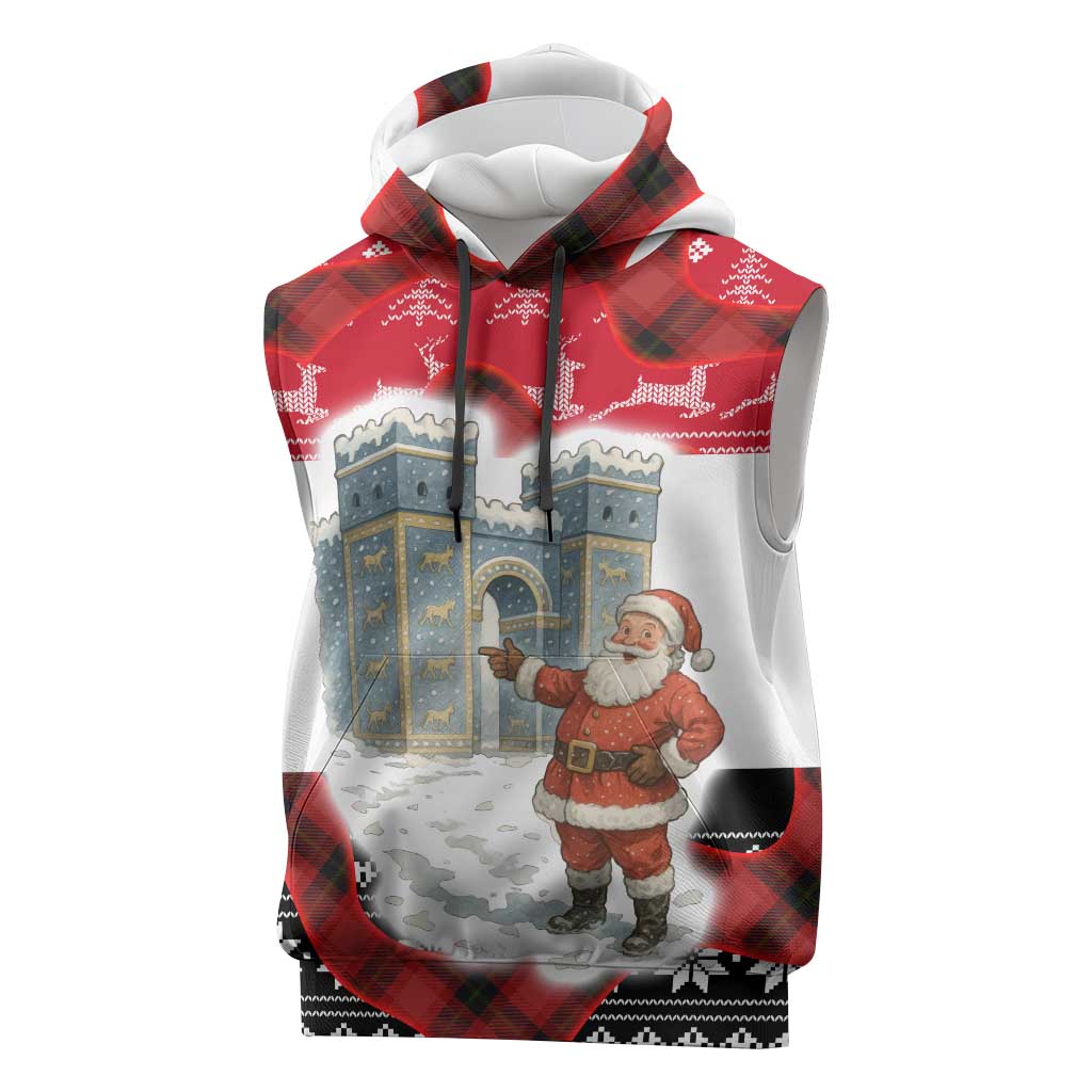 Iraq Christmas Sleeveless Hoodie with Santa Ishtar Gate Red Plaid and Snowflake Reindeer Pattern - Wonder Print Shop