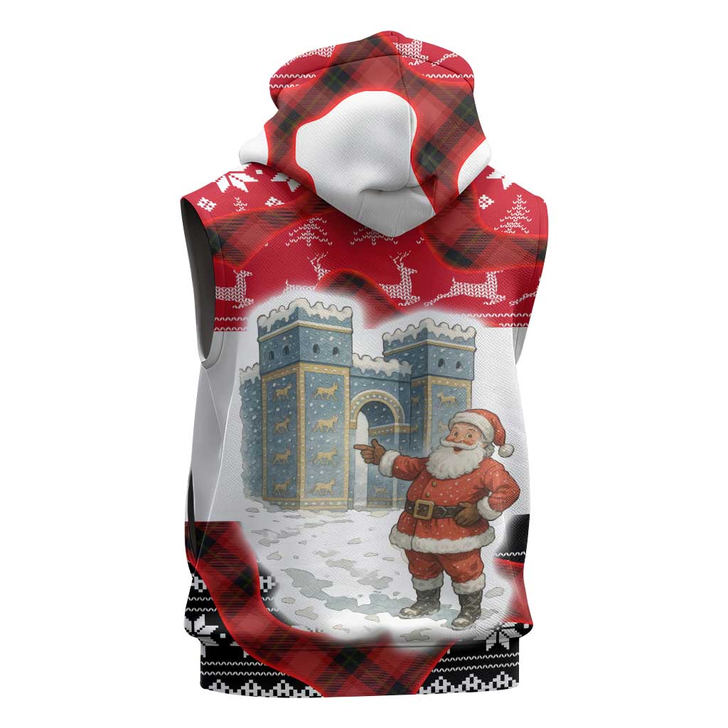Iraq Christmas Sleeveless Hoodie with Santa Ishtar Gate Red Plaid and Snowflake Reindeer Pattern - Wonder Print Shop