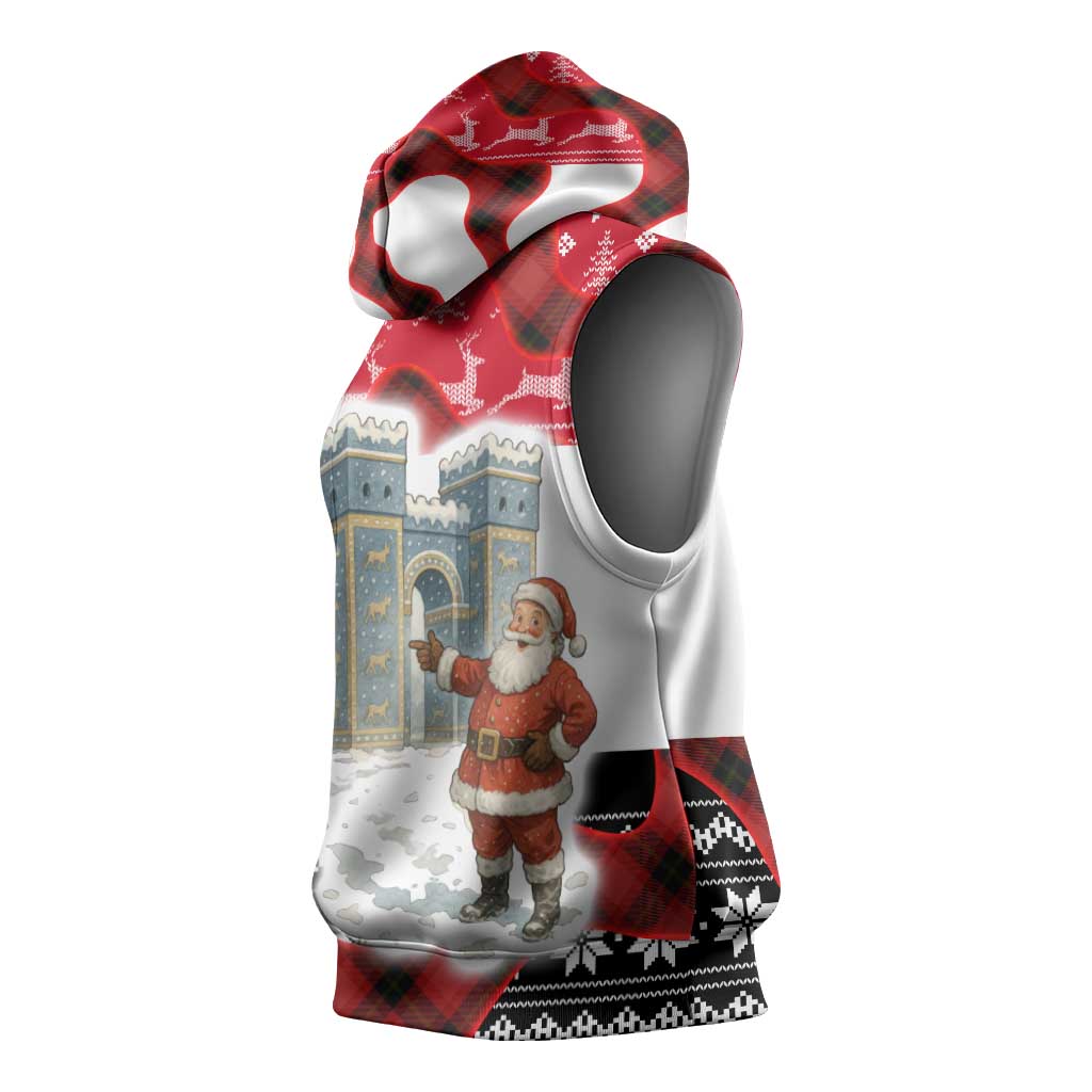 Iraq Christmas Sleeveless Hoodie with Santa Ishtar Gate Red Plaid and Snowflake Reindeer Pattern - Wonder Print Shop
