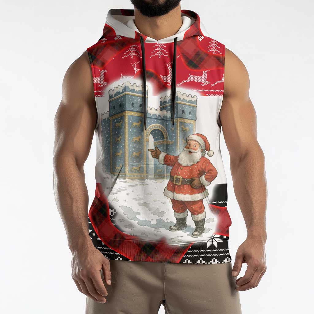 Iraq Christmas Sleeveless Hoodie with Santa Ishtar Gate Red Plaid and Snowflake Reindeer Pattern - Wonder Print Shop