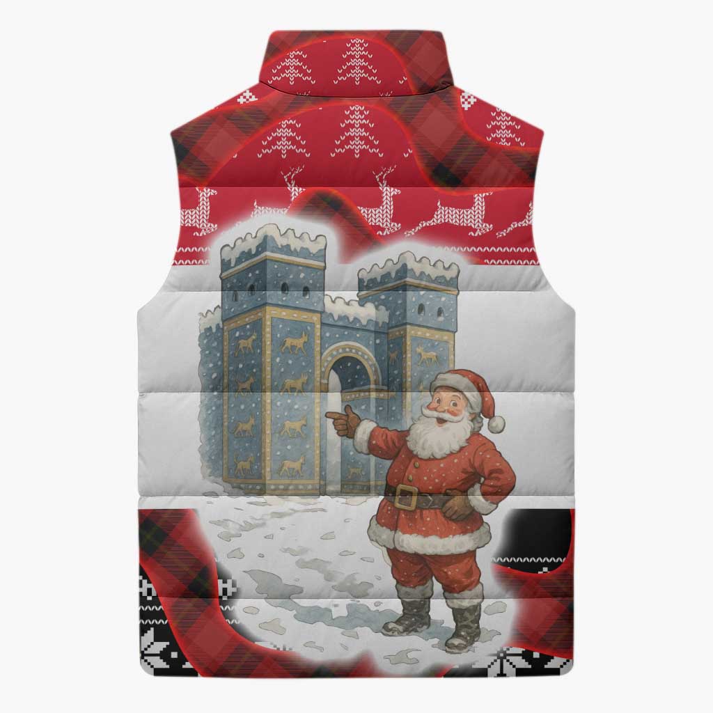 Iraq Christmas Sleeveless Puffer Jacket with Santa Ishtar Gate Red Plaid and Snowflake Reindeer Pattern - Wonder Print Shop
