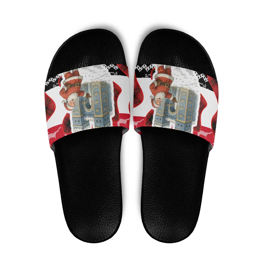 Iraq Christmas Slide Sandals with Santa Ishtar Gate Red Plaid and Snowflake Reindeer Pattern - Wonder Print Shop