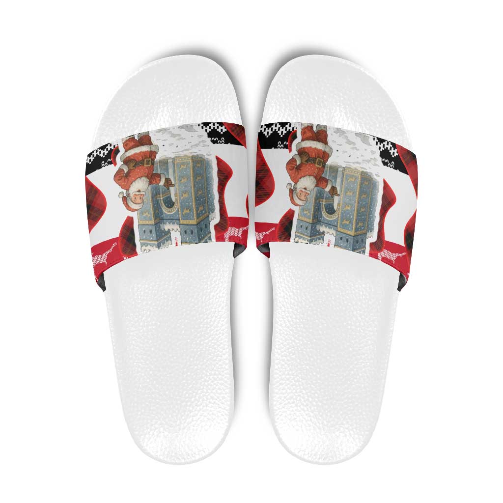Iraq Christmas Slide Sandals with Santa Ishtar Gate Red Plaid and Snowflake Reindeer Pattern - Wonder Print Shop