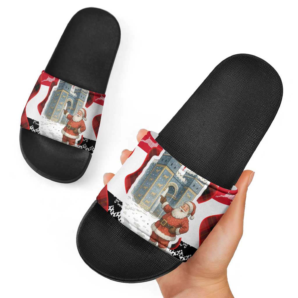 Iraq Christmas Slide Sandals with Santa Ishtar Gate Red Plaid and Snowflake Reindeer Pattern - Wonder Print Shop