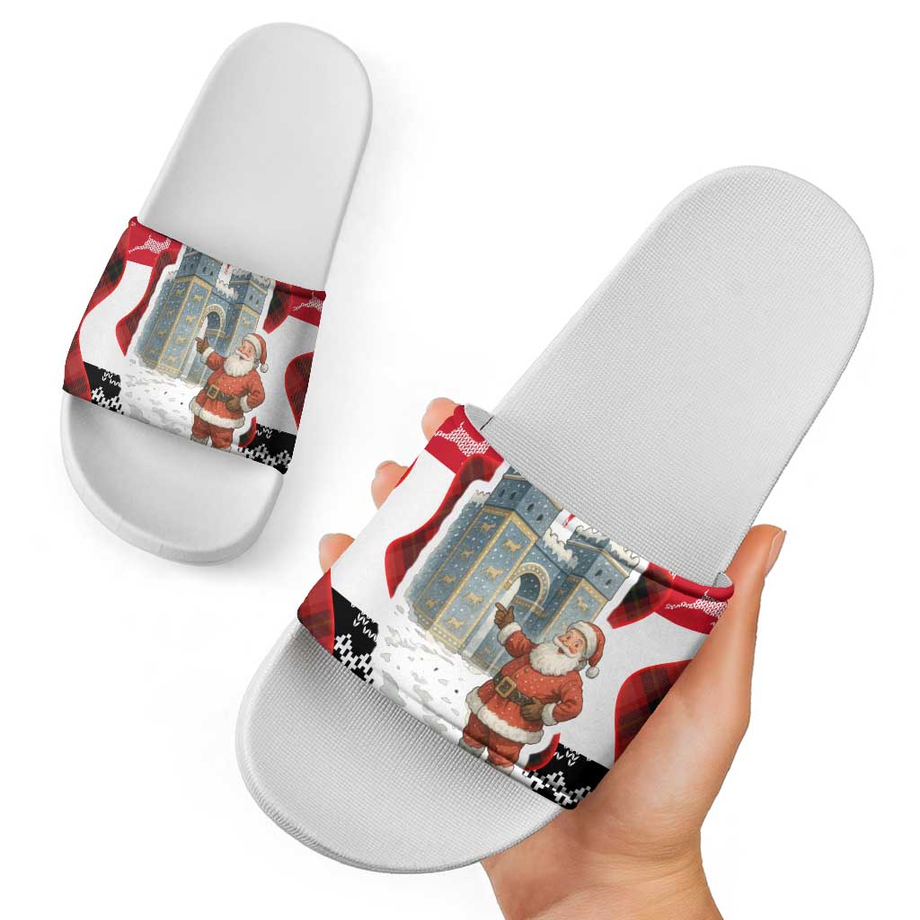 Iraq Christmas Slide Sandals with Santa Ishtar Gate Red Plaid and Snowflake Reindeer Pattern - Wonder Print Shop