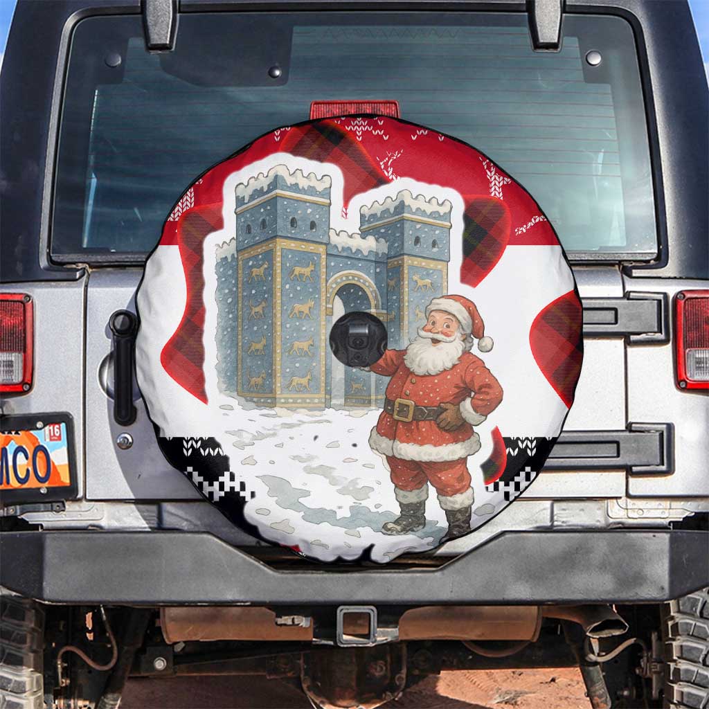 Iraq Christmas Spare Tire Cover with Santa Ishtar Gate Red Plaid and Snowflake Reindeer Pattern - Wonder Print Shop