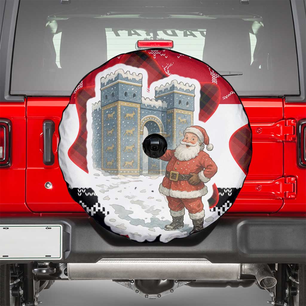 Iraq Christmas Spare Tire Cover with Santa Ishtar Gate Red Plaid and Snowflake Reindeer Pattern - Wonder Print Shop