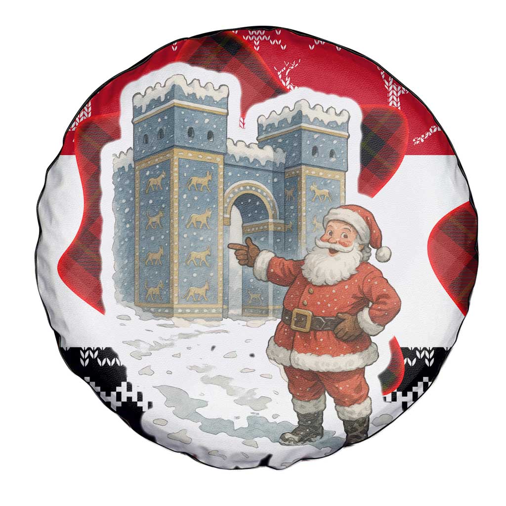 Iraq Christmas Spare Tire Cover with Santa Ishtar Gate Red Plaid and Snowflake Reindeer Pattern - Wonder Print Shop