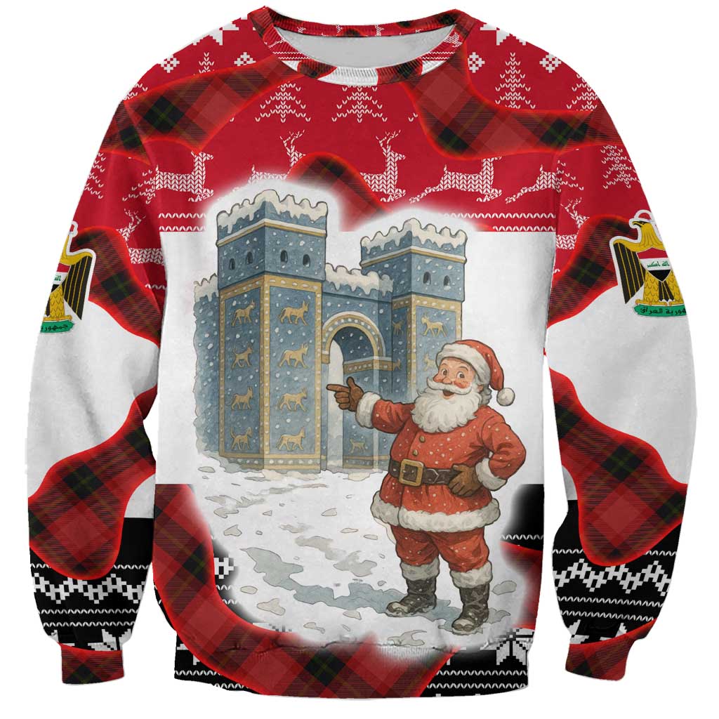 Iraq Christmas Sweatshirt with Santa Ishtar Gate Red Plaid and Snowflake Reindeer Pattern - Wonder Print Shop