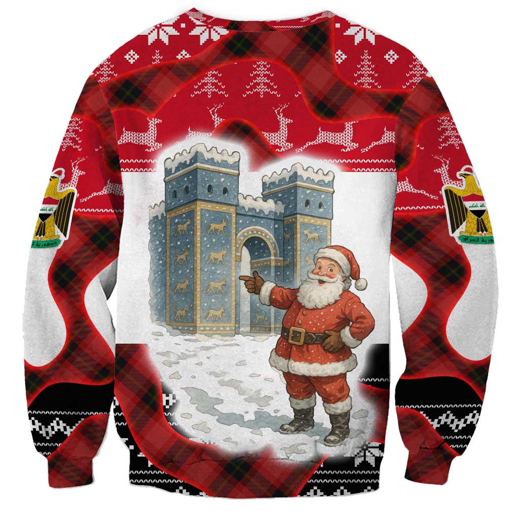 Iraq Christmas Sweatshirt with Santa Ishtar Gate Red Plaid and Snowflake Reindeer Pattern - Wonder Print Shop