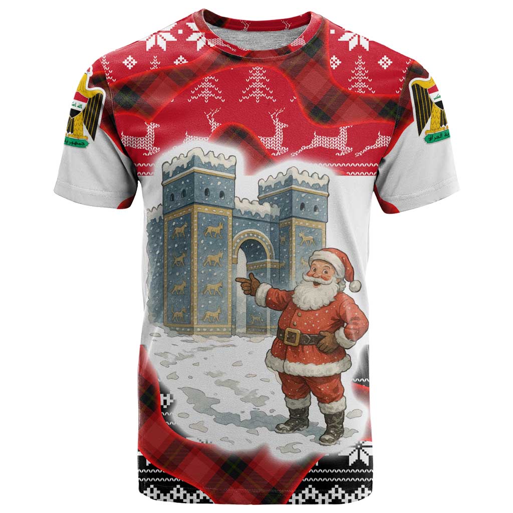 Iraq Christmas T Shirt with Santa Ishtar Gate Red Plaid and Snowflake Reindeer Pattern - Wonder Print Shop