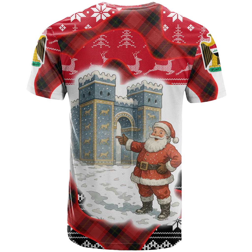 Iraq Christmas T Shirt with Santa Ishtar Gate Red Plaid and Snowflake Reindeer Pattern - Wonder Print Shop