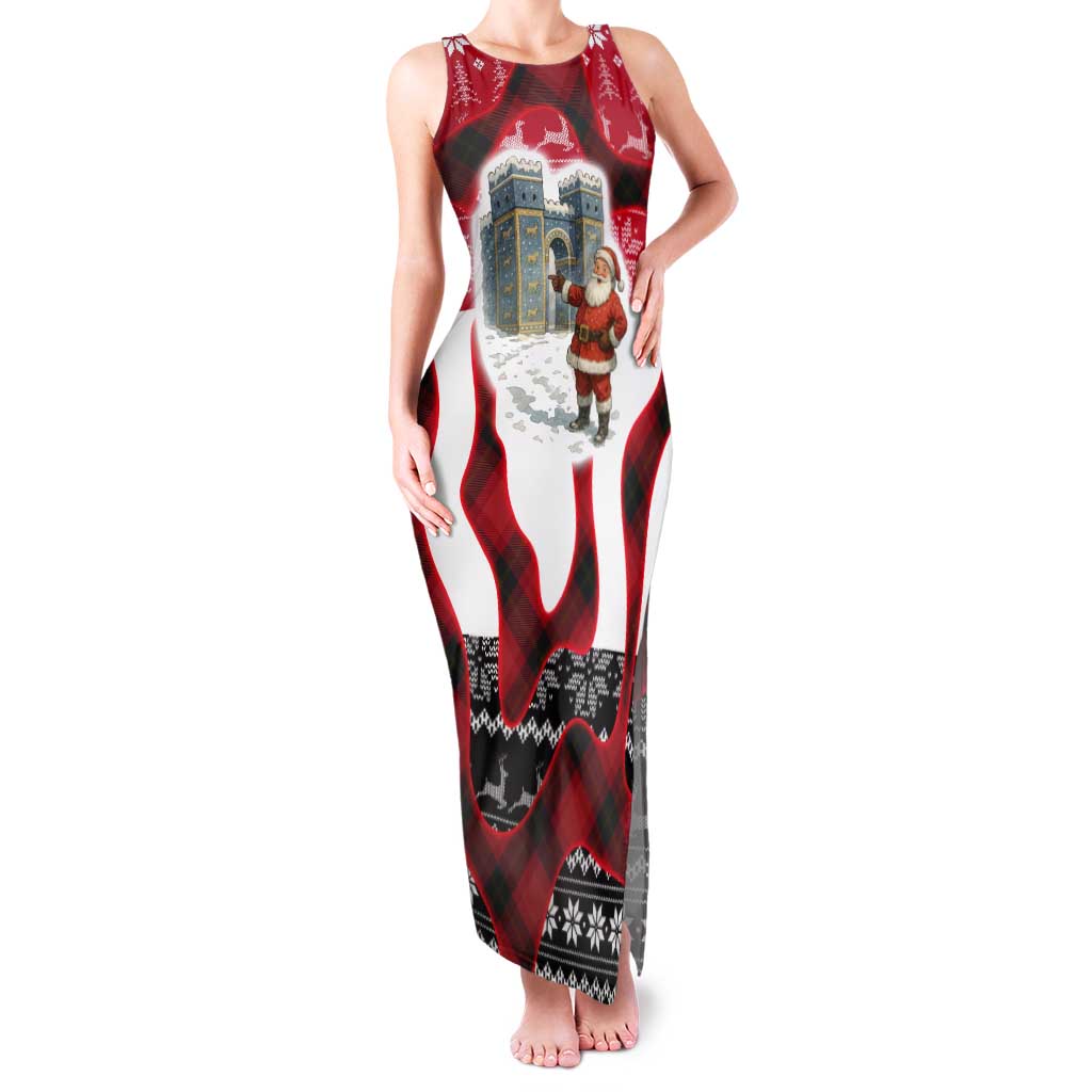 Iraq Christmas Tank Maxi Dress with Santa Ishtar Gate Red Plaid and Snowflake Reindeer Pattern - Wonder Print Shop