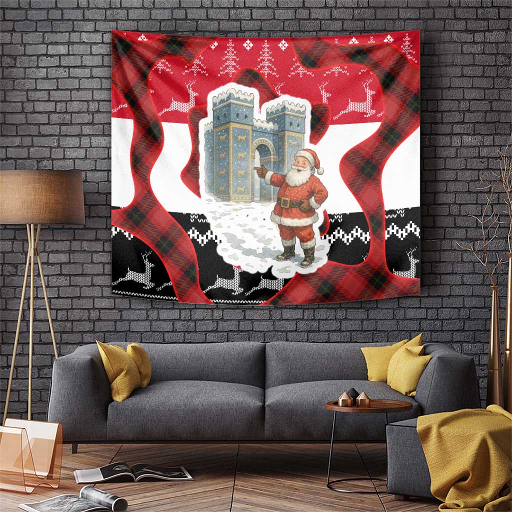 Iraq Christmas Tapestry with Santa Ishtar Gate Red Plaid and Snowflake Reindeer Pattern - Wonder Print Shop