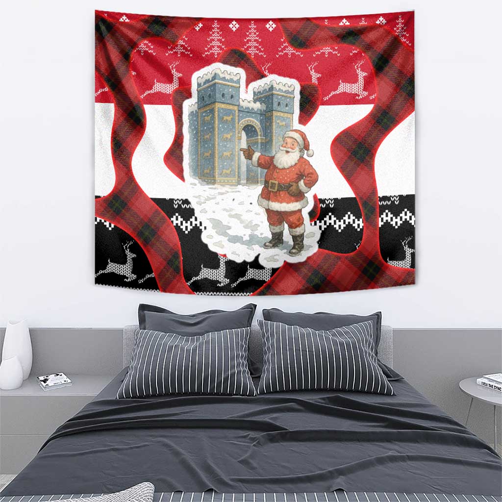 Iraq Christmas Tapestry with Santa Ishtar Gate Red Plaid and Snowflake Reindeer Pattern - Wonder Print Shop