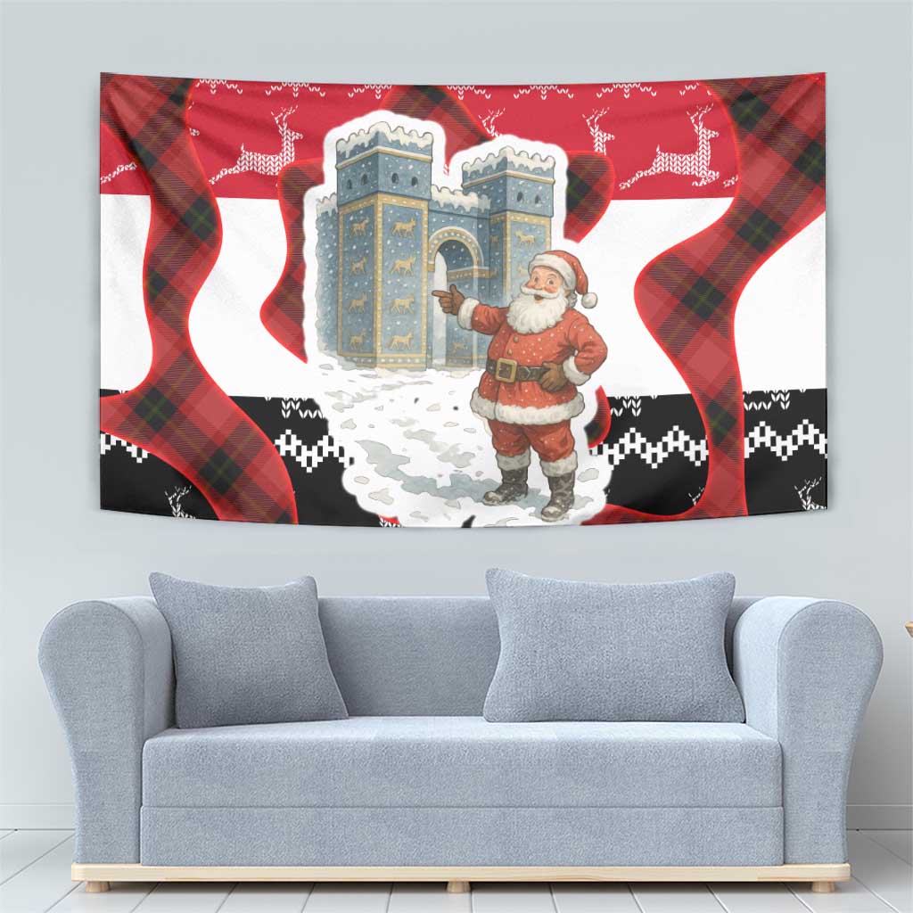 Iraq Christmas Tapestry with Santa Ishtar Gate Red Plaid and Snowflake Reindeer Pattern - Wonder Print Shop