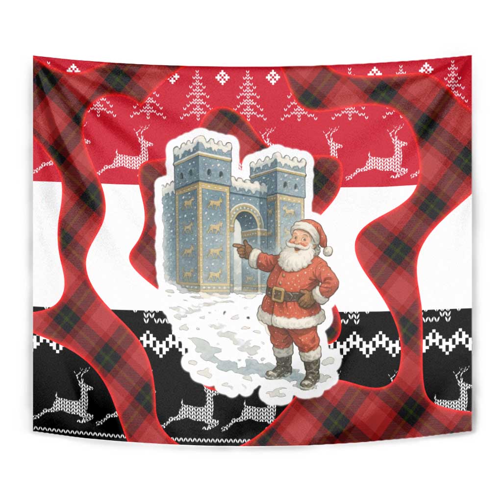 Iraq Christmas Tapestry with Santa Ishtar Gate Red Plaid and Snowflake Reindeer Pattern - Wonder Print Shop
